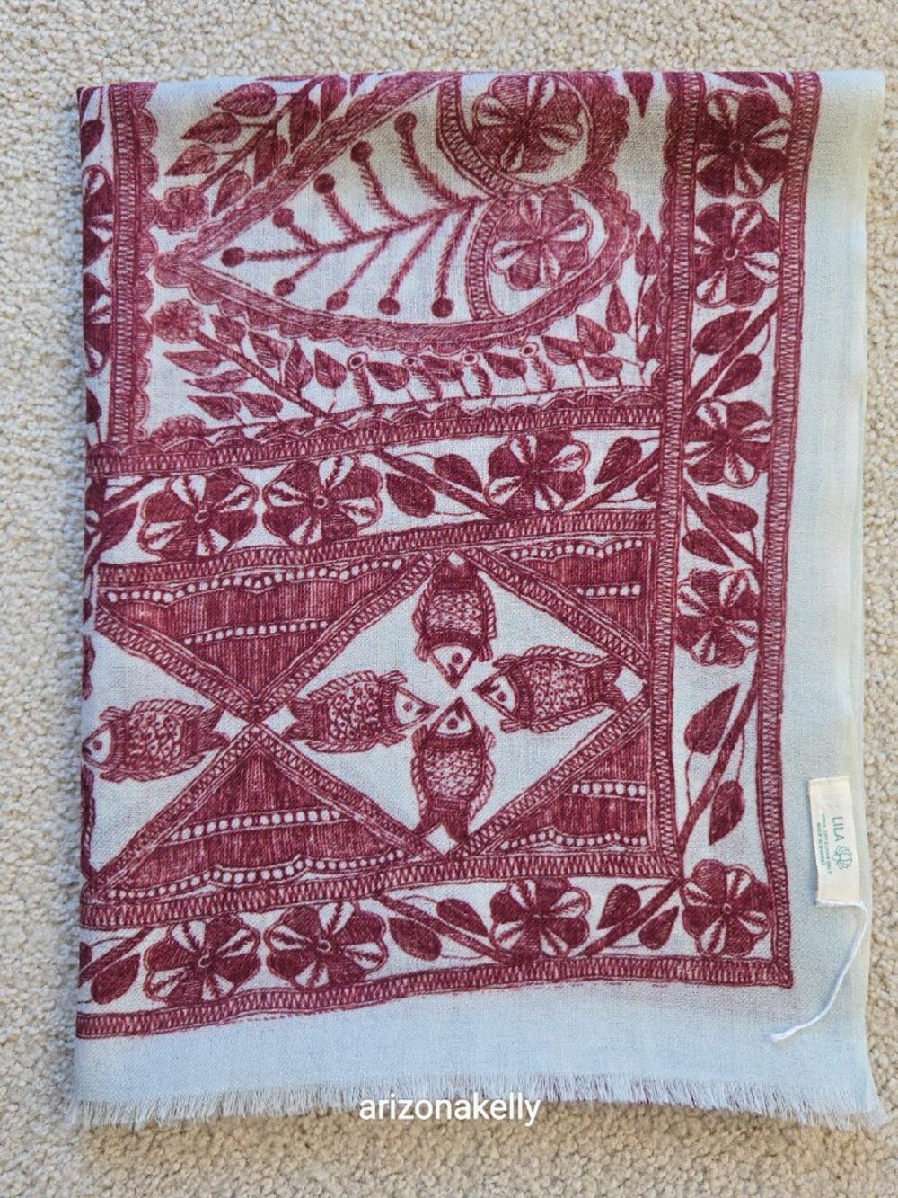 NWOT Lila Wool Lightweight Scarf With Fish Design Burgundy - Picture 14 of 15